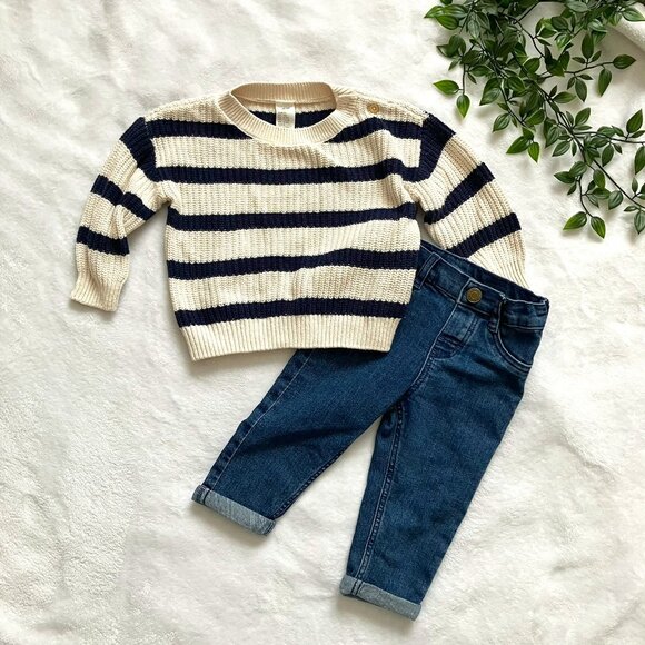 H&M Baby Sweater & Jeans Outfit Size 9M | EUC Striped Navy Cream Denim Blue - Picture 1 of 16